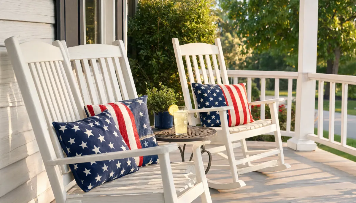 White rocking chairs with American flag pillows and lemonade on a sunny porch.