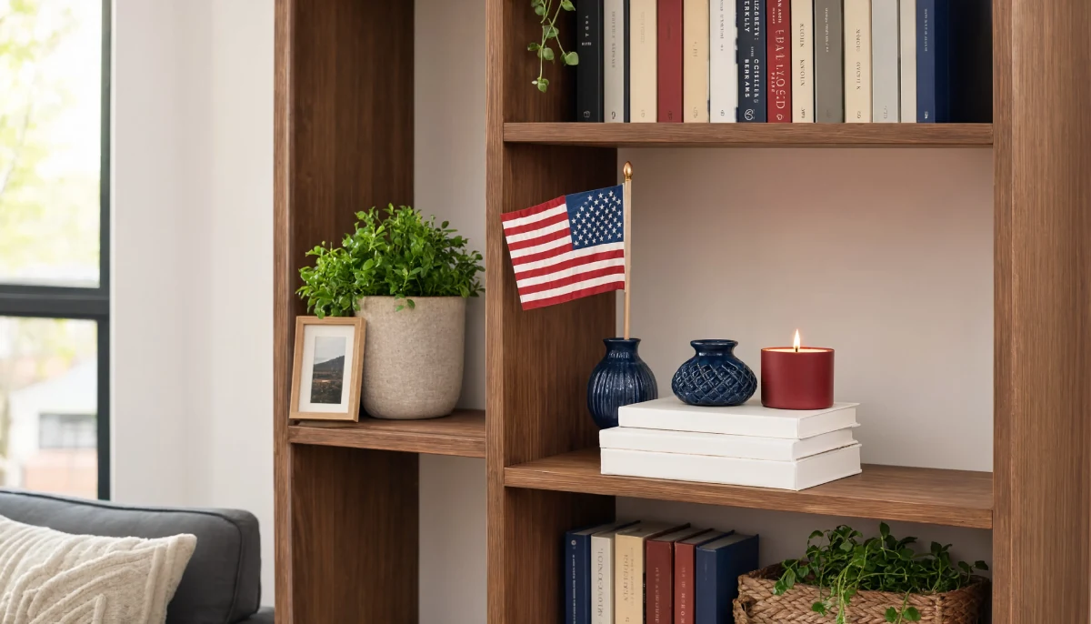 Wooden bookshelf featuring patriotic decor including a small US flag, blue vases, and a red candle on white books.