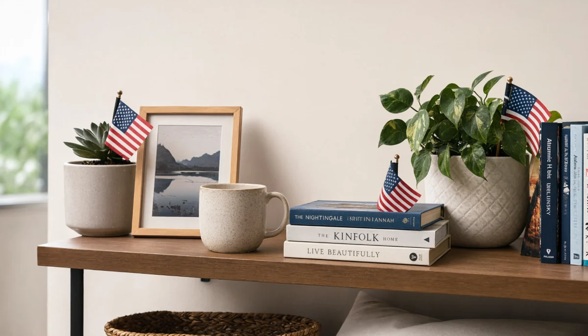 Wooden shelf styled with small American flags, potted plants, stacked books, and a ceramic mug.