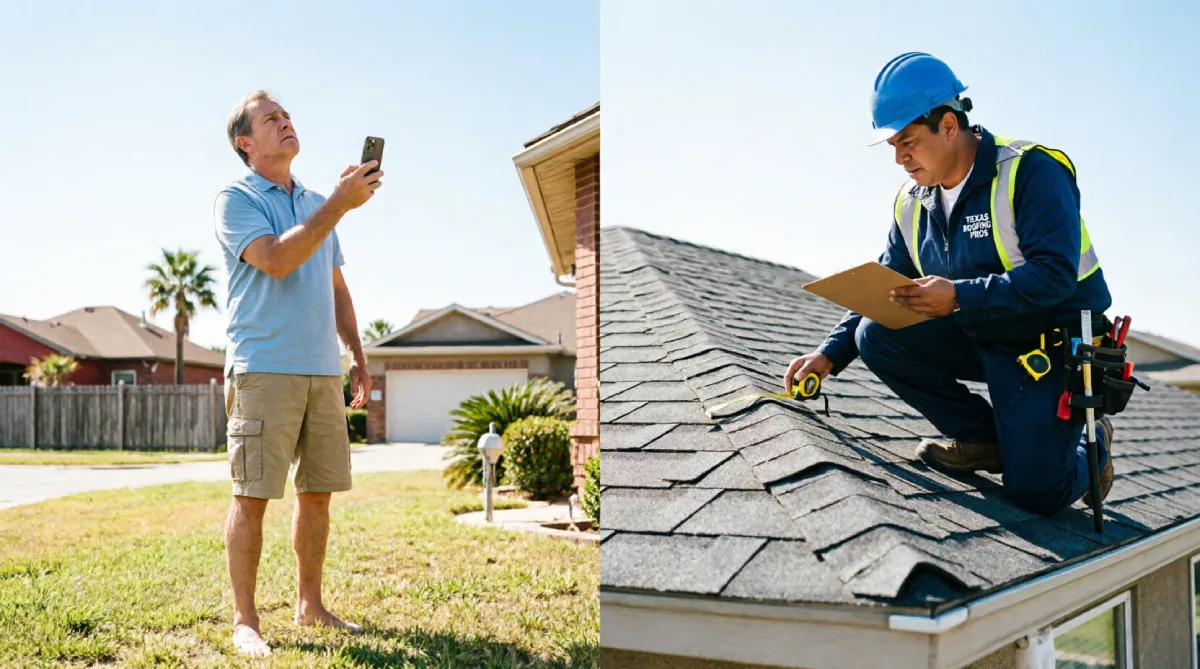 Split comparison showing Texas homeowner documenting roof condition from ground level using smartphone on left versus licensed roofing contractor in safety equipment performing detailed roof surface inspection with clipboard and measuring tools on right, demonstrating the difference between DIY preliminary assessment and professional storm damage evaluation for insurance claims