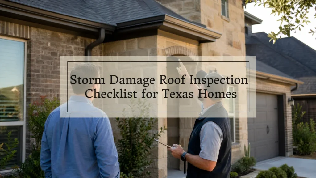 Storm Damage Roof Inspection Checklist for Texas Homes Professional roofing contractor pointing to the roofline of a brick and stone Texas home while reviewing a storm damage inspection checklist with a homeowner.