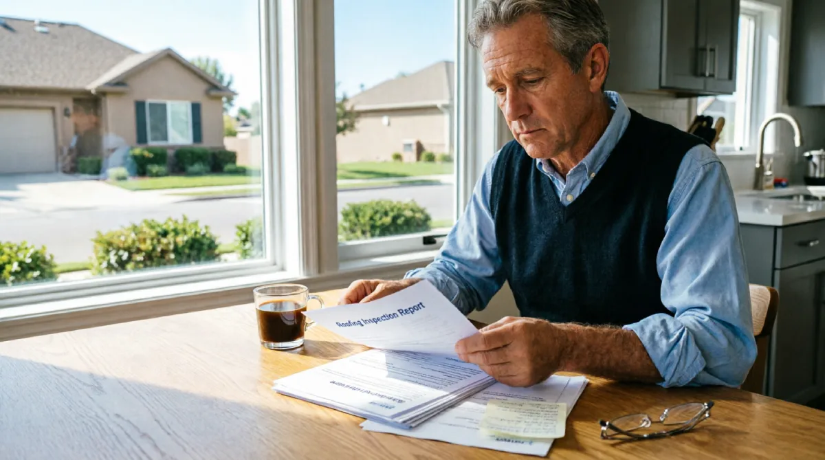 Texas homeowner reviewing storm damage roofing inspection report and insurance claim paperwork at kitchen table with suburban neighborhood visible through window, documenting claim process after severe weather