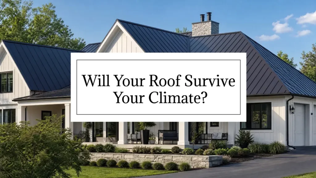 Roof Lifespan: How Long Does a Roof Last by Climate? Modern white farmhouse with dark metal standing seam roof featuring overlay text about roof climate survival