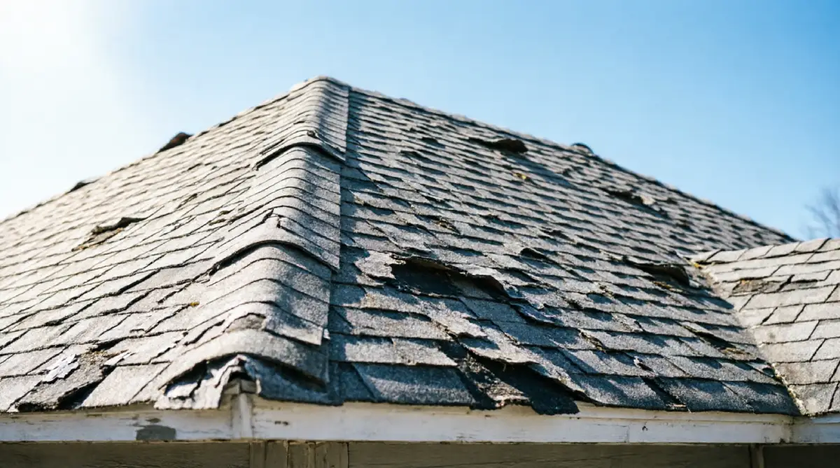 Weathered asphalt shingle roof showing age-related deterioration with curled edges and worn granule surface on 15 to 20 year old residential home requiring inspection
