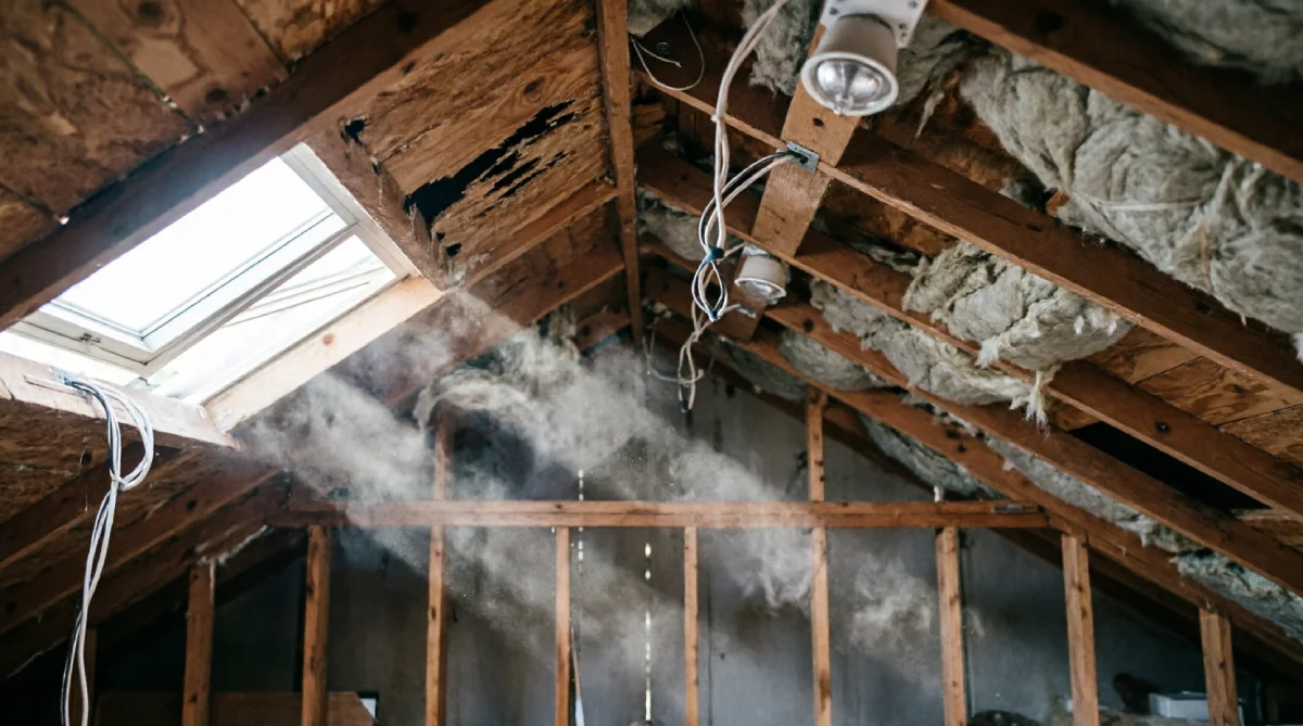 Attic space with damaged fiberglass insulation and poor ventilation showing air infiltration through roof decking with exposed wooden rafters and compromised thermal barrier affecting energy efficiency