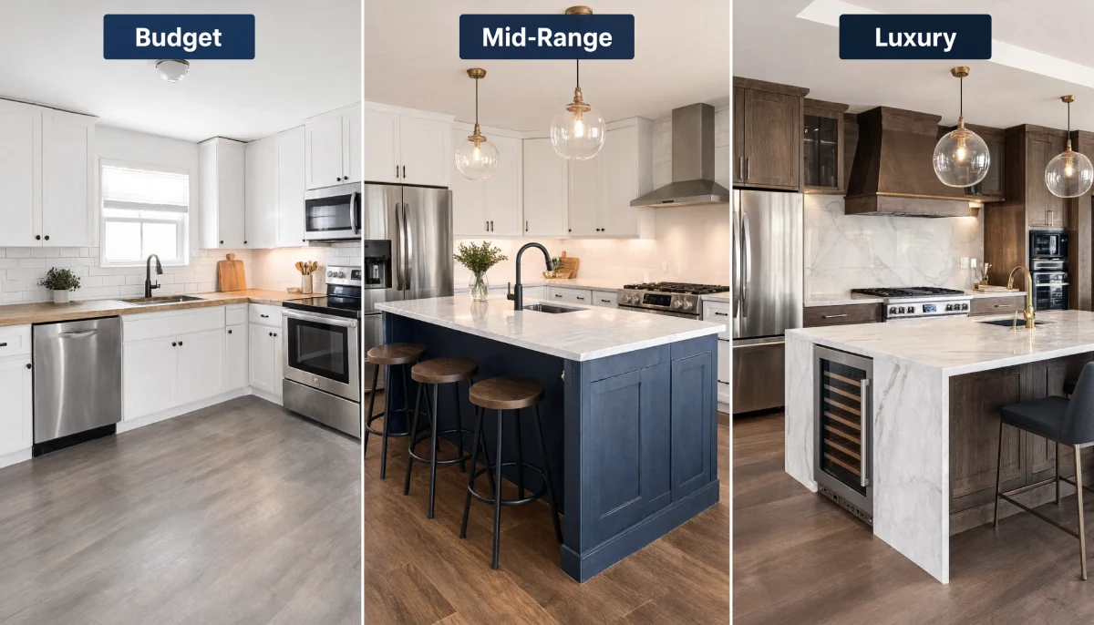 Side-by-side comparison of budget, mid-range, and luxury kitchen designs showing cabinetry and island differences.