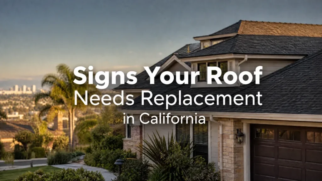 Signs Your Roof Needs Replacement in California Two story California suburban home with asphalt shingle roof and stone facade showing roof replacement warning signs with palm trees and hillside community in background