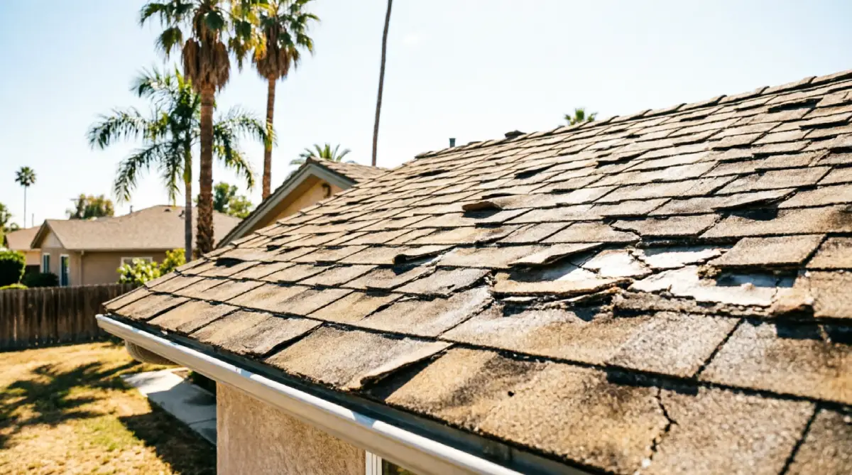 Heat damaged asphalt shingles showing severe cracking and granule loss on California home with palm trees in background demonstrating accelerated roof deterioration from extreme temperatures and UV exposure