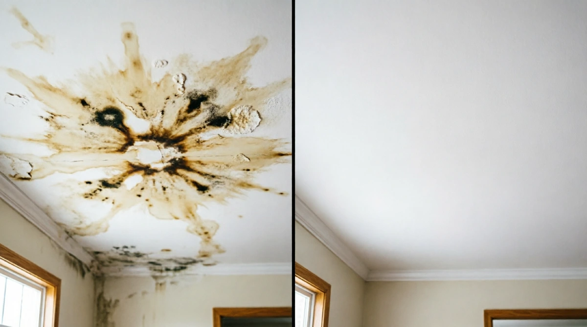Brown water stains spreading across ceiling drywall with visible mold spots next to restored white ceiling after roof leak repair