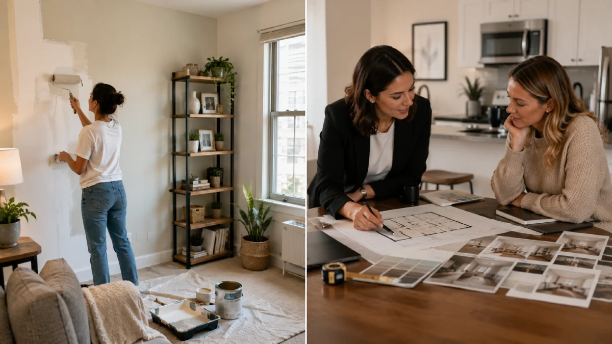 DIY apartment makeover compared with a professional interior design consultation, showing wall painting, home improvement planning, and expert space design for small apartments.