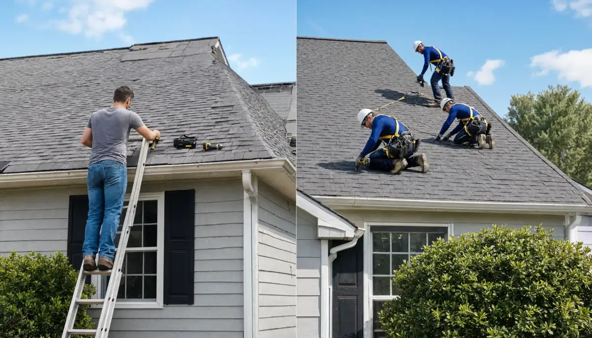 Homeowner on a ladder with tools for DIY roof maintenance versus three professional roofers in blue uniforms and safety harnesses working on a shingle roof.