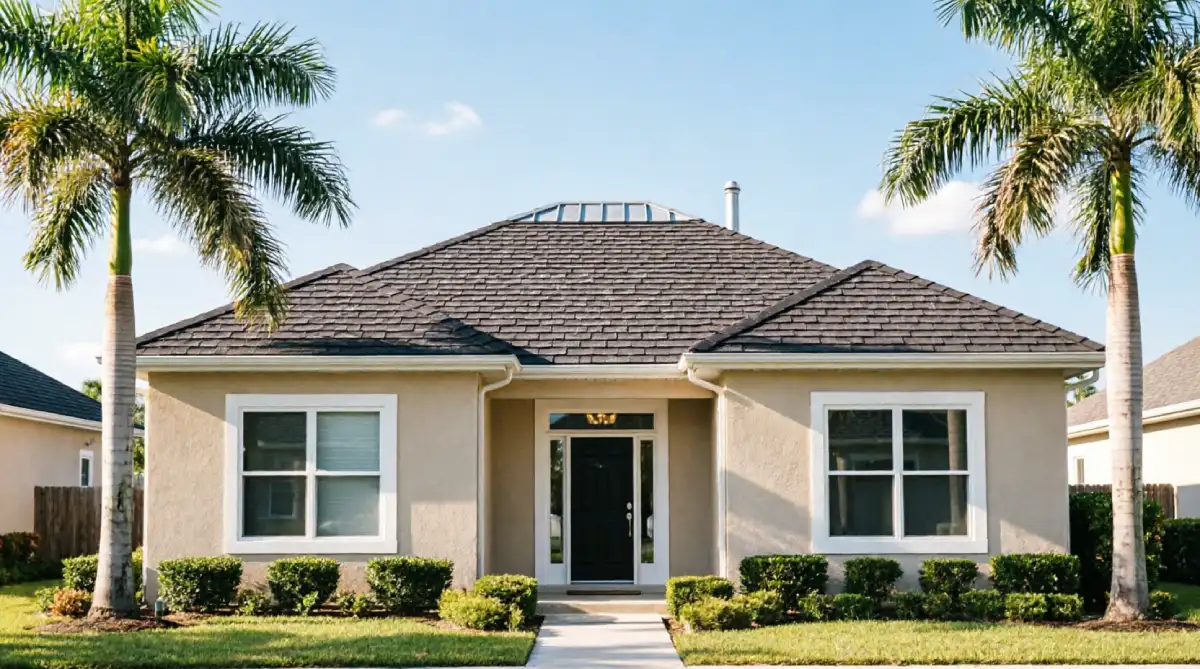 Architectural dimensional asphalt shingles on Florida single family home with beige stucco exterior and palm trees showing wind rated roofing installation