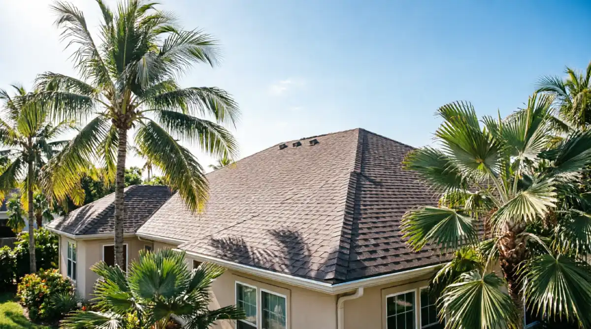 Architectural shingle roof on beige Florida home with palm trees showing ridge vent ventilation and wind-rated installation for hurricane zone compliance