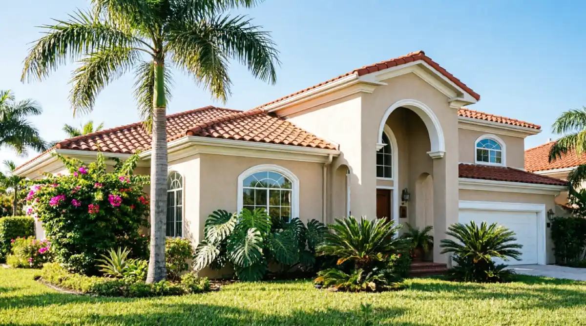 Terracotta clay barrel tile roof on Mediterranean style Florida home with beige stucco exterior arched entryway palm trees and tropical landscaping showing traditional Spanish roofing