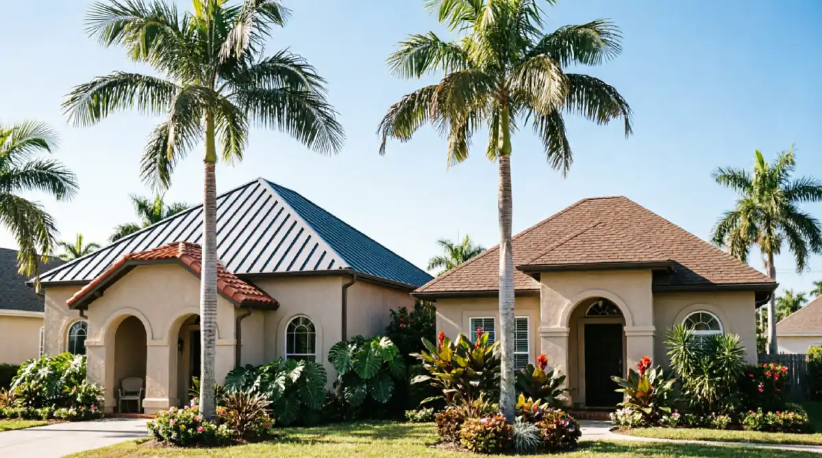 Side by side comparison of standing seam metal roof and architectural asphalt shingles on Florida Mediterranean homes with beige stucco palm trees and tropical landscaping showing roofing material options