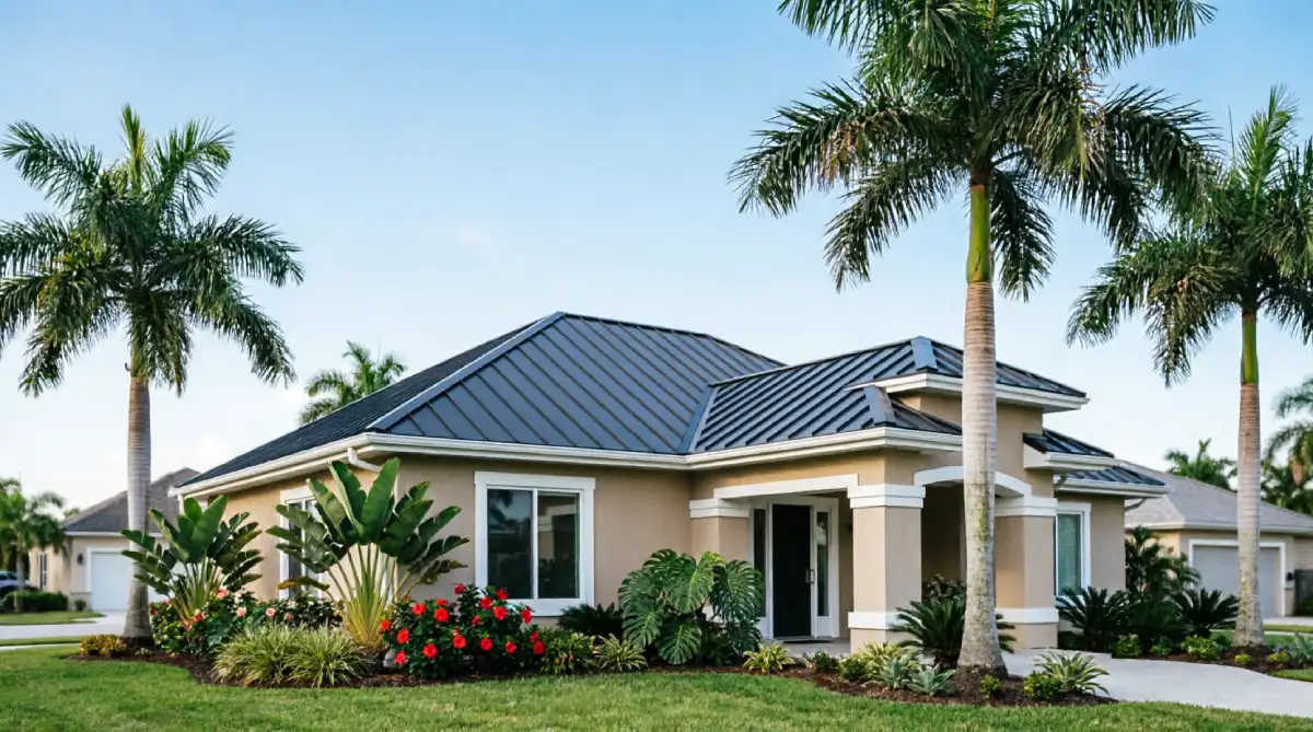 Standing seam metal roof in charcoal gray on Florida ranch home with beige stucco walls palm trees and tropical landscaping showing wind resistant roofing system