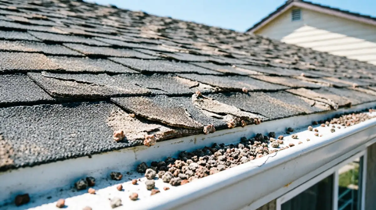 Asphalt roof shingles showing severe granule loss with bare spots and weathered areas, ceramic granules collected in white rain gutter below from UV damage and aging