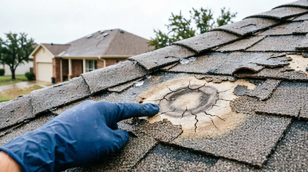 Close-up view of hail damage on asphalt shingle roof showing circular impact marks, cracked granules, and exposed mat with inspector's gloved hand pointing to bruised shingle area on Texas residential home after severe storm