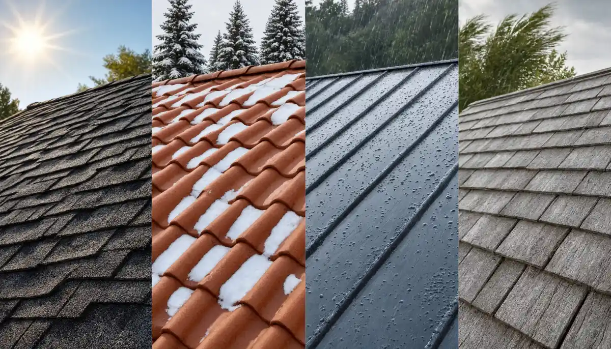 How climate affects roofing material lifespan with asphalt shingles, clay tile, metal, and cedar shake roofs exposed to sun, snow, rain, and strong winds
