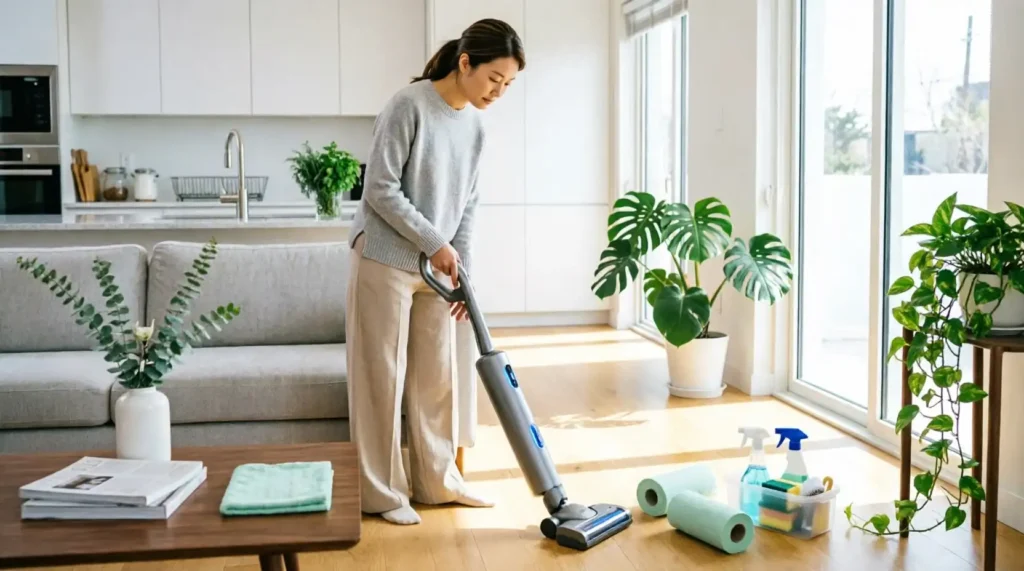 Person cleaning a modern home with a cordless vacuum as part of a daily routine for a clean and healthy living environment.