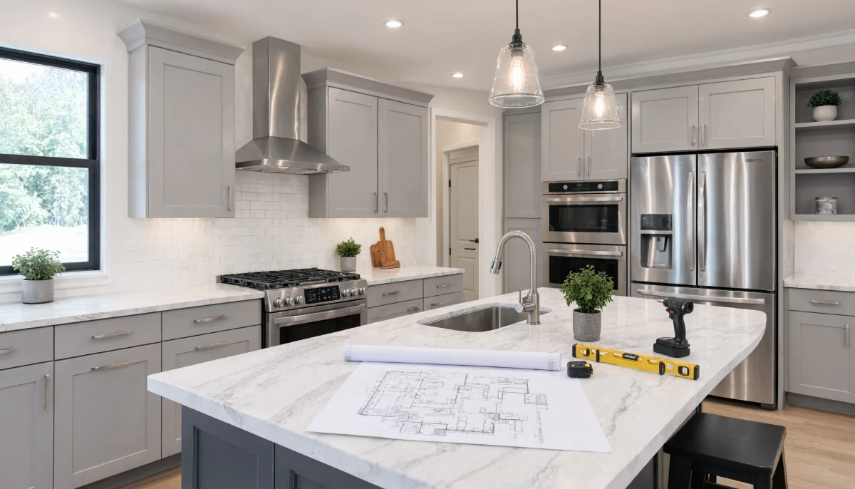 Blueprints and construction tools on a marble kitchen island with gray cabinets, illustrating the planning phase of a kitchen remodel.