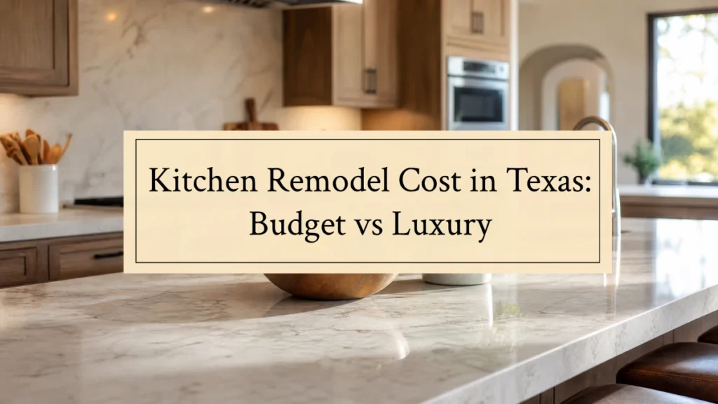 Kitchen Remodel Cost in Texas: Budget vs Luxury Guide Kitchen remodel cost comparison for Texas homeowners showing budget versus luxury pricing options displayed over modern kitchen with marble island and wood cabinets.