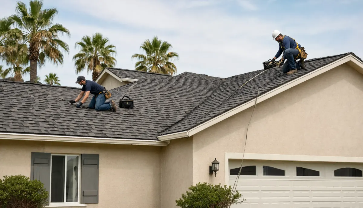 Licensed roofer wearing a hard hat and safety harness working on a shingle roof alongside a worker without fall protection, illustrating professional versus DIY roofing in California.