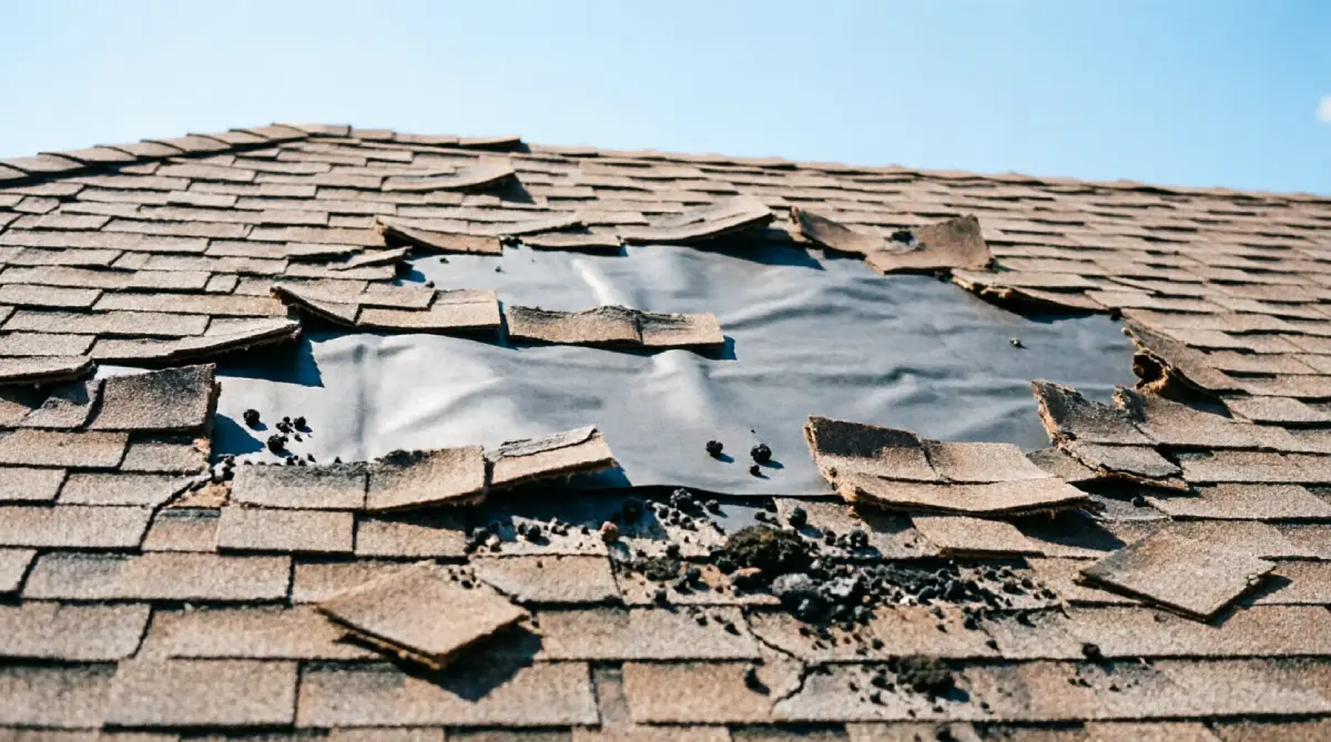 Missing and cracked asphalt shingles after wind storm showing exposed underlayment and damaged shingle tabs with granule loss on residential roof