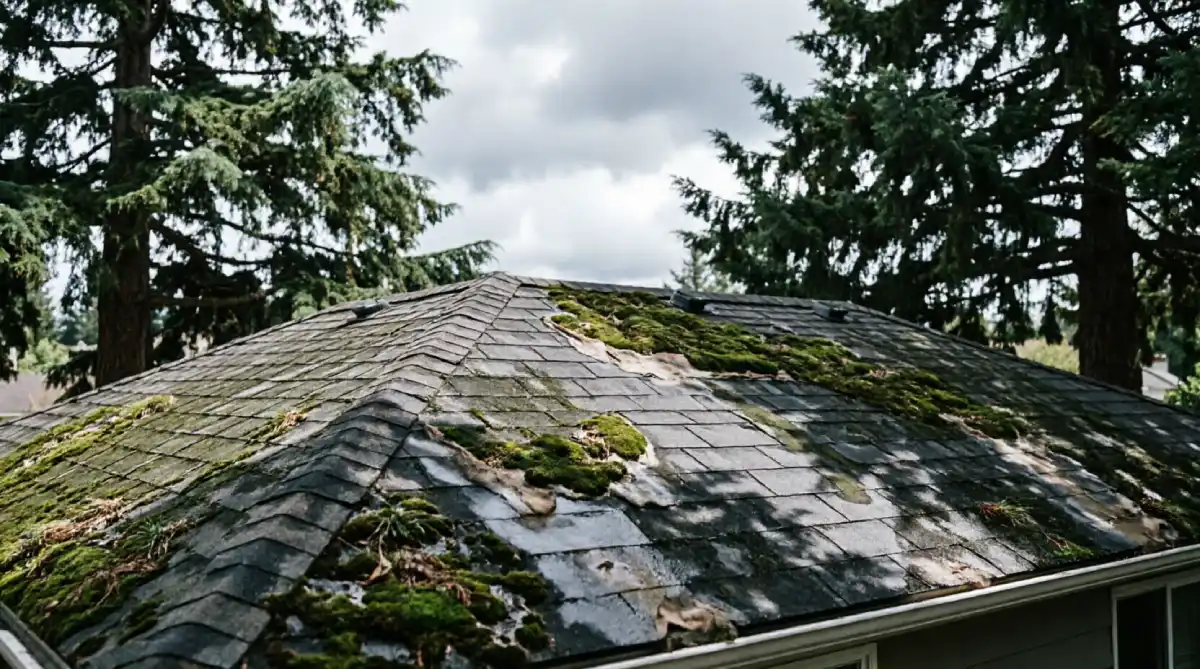 Green moss and algae growth covering asphalt shingle roof surface in shaded area showing moisture retention and organic growth compromising shingle seals