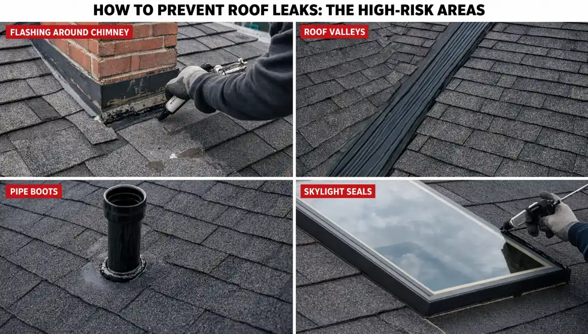 How to Prevent Roof Leaks showing common leak prone areas including chimney flashing roof valleys pipe boots and skylight seals on an asphalt shingle roof