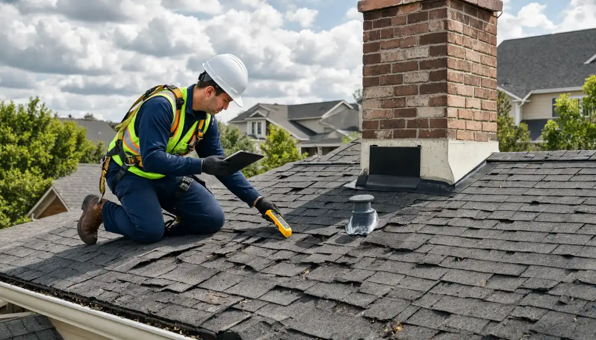Professional roofing contractor wearing a hard hat and safety harness kneeling on weathered asphalt shingles to examine the roof surface near a brick chimney with a yellow diagnostic tool.