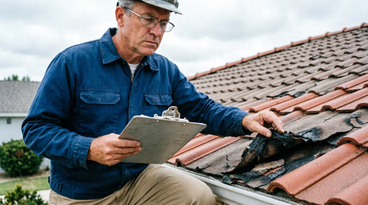Professional roofing inspector with clipboard and safety helmet examining storm damaged clay tiles on residential roof, documenting damage assessment for insurance claim in Texas suburban neighborhood