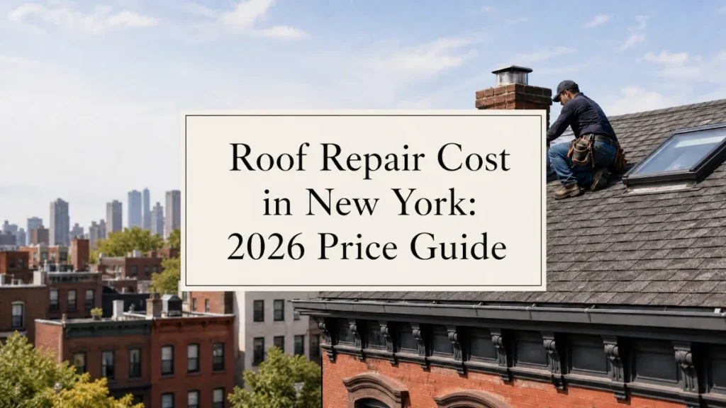 Roof Repair Cost in New York: 2026 Price Guide Roofer working on asphalt shingle residential roof with tool belt near brick chimney and skylight, text overlay reading Roof Repair Cost in New York 2026 Price Guide, Brooklyn brownstone buildings and Manhattan skyline background, professional roofing work urban setting