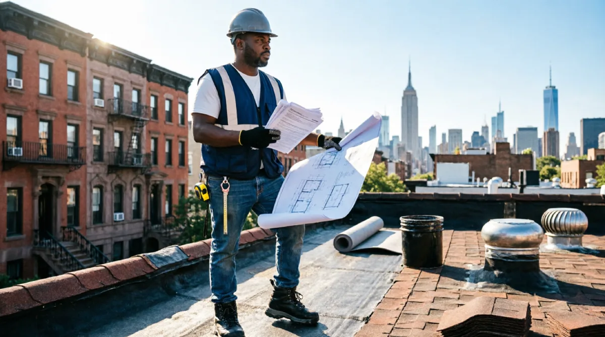 Construction worker wearing hard hat and reflective safety vest holding blueprints and permit documents on brick rooftop, Manhattan skyline with Empire State Building in background, New York roof repair inspection