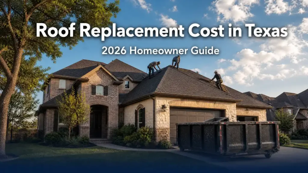 Roof Replacement Cost in Texas 2026 Homeowner Guide text overlay featuring three workers installing shingles on a large brick home with a dumpster in the driveway.