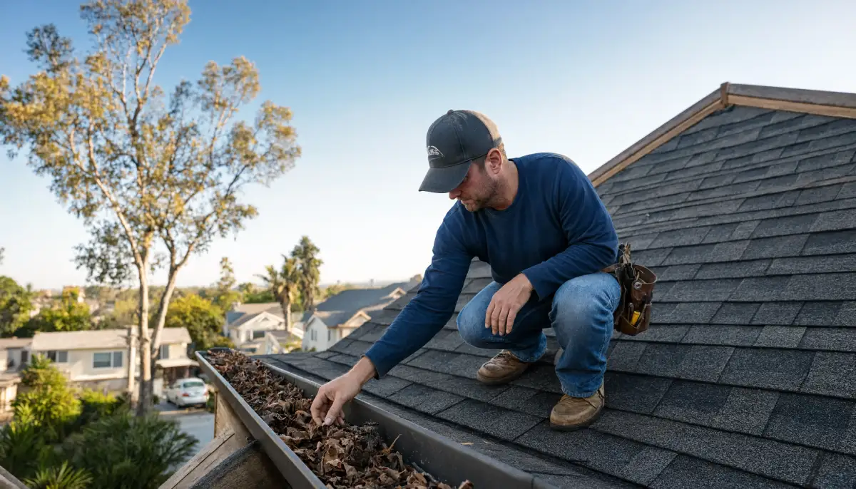 Roofer removing accumulated leaves from rain gutters on a shingled roof during an October pre-rain inspection