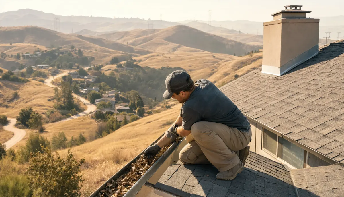 Roofer clearing dry debris from gutters on a shingled roof to reduce wildfire risk in a dry summer landscape