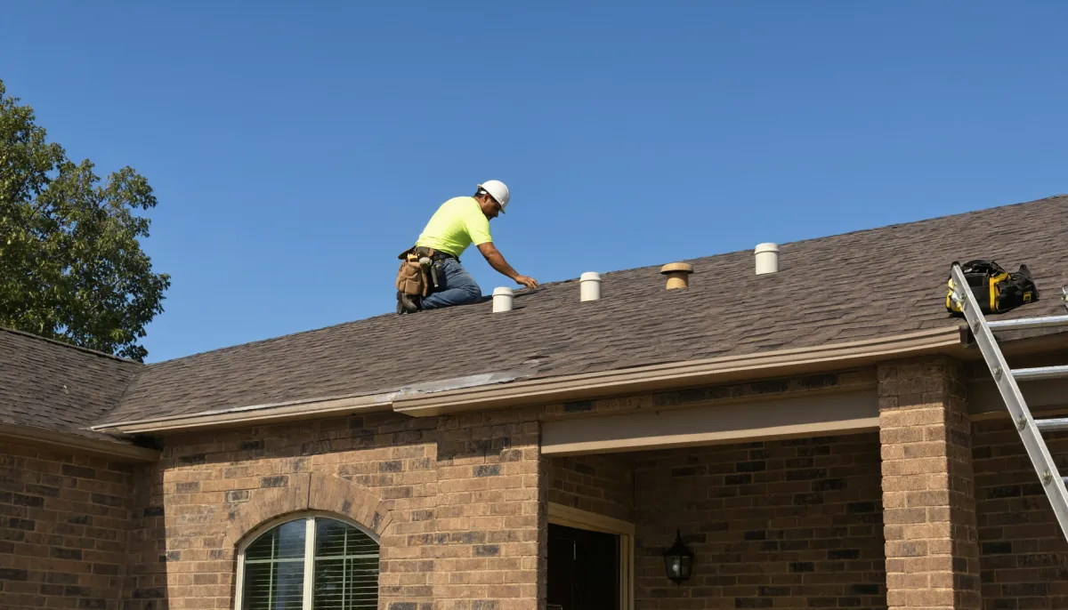 Roofer in neon shirt and hard hat kneeling on asphalt shingles inspecting white vent pipes on a brick home.