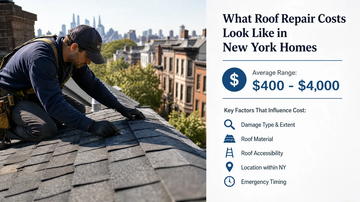 Professional roofer repairing asphalt shingles on residential roof with New York City brownstone buildings and skyline background, roof repair cost guide displaying $400 to $4000 average price range with key factors including damage type, roof material, accessibility, location and emergency timing