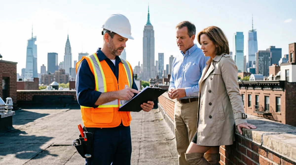 Roofing contractor in white hard hat and orange safety vest reviewing clipboard with homeowners on residential rooftop, Empire State Building and Manhattan skyline background, roof inspection consultation New York City