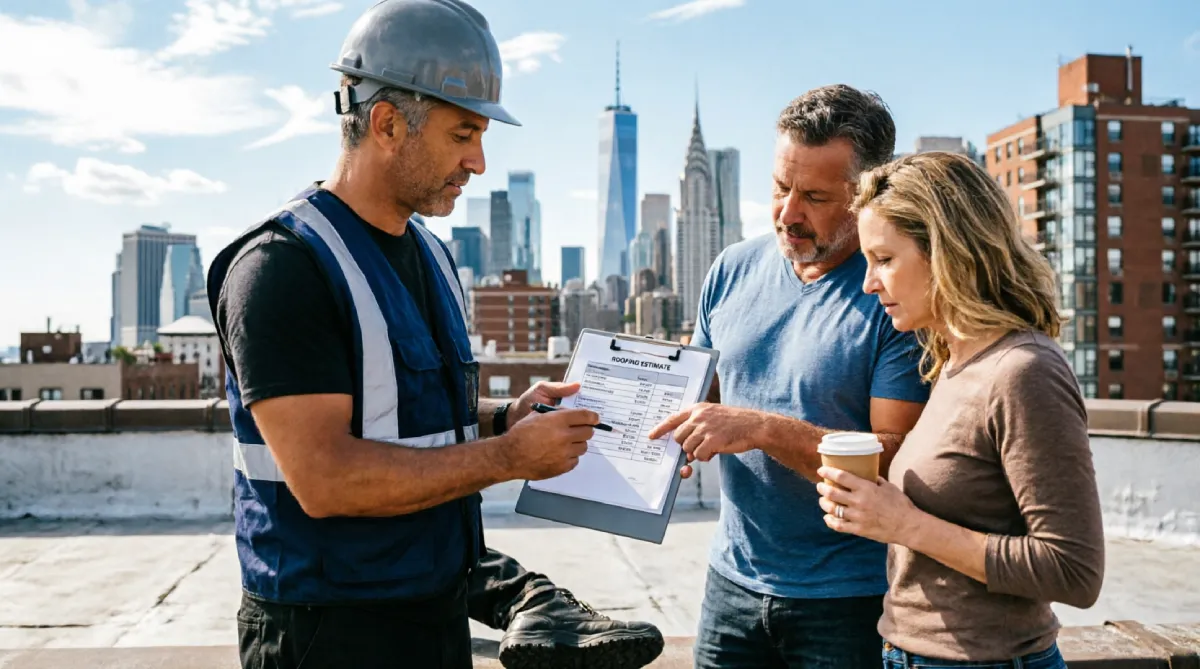 Professional roofing contractor in hard hat and safety vest reviewing detailed cost estimate and budget table on clipboard with homeowner couple on residential rooftop, Manhattan skyline with One World Trade Center and Chrysler Building background, New York City roof repair pricing consultation