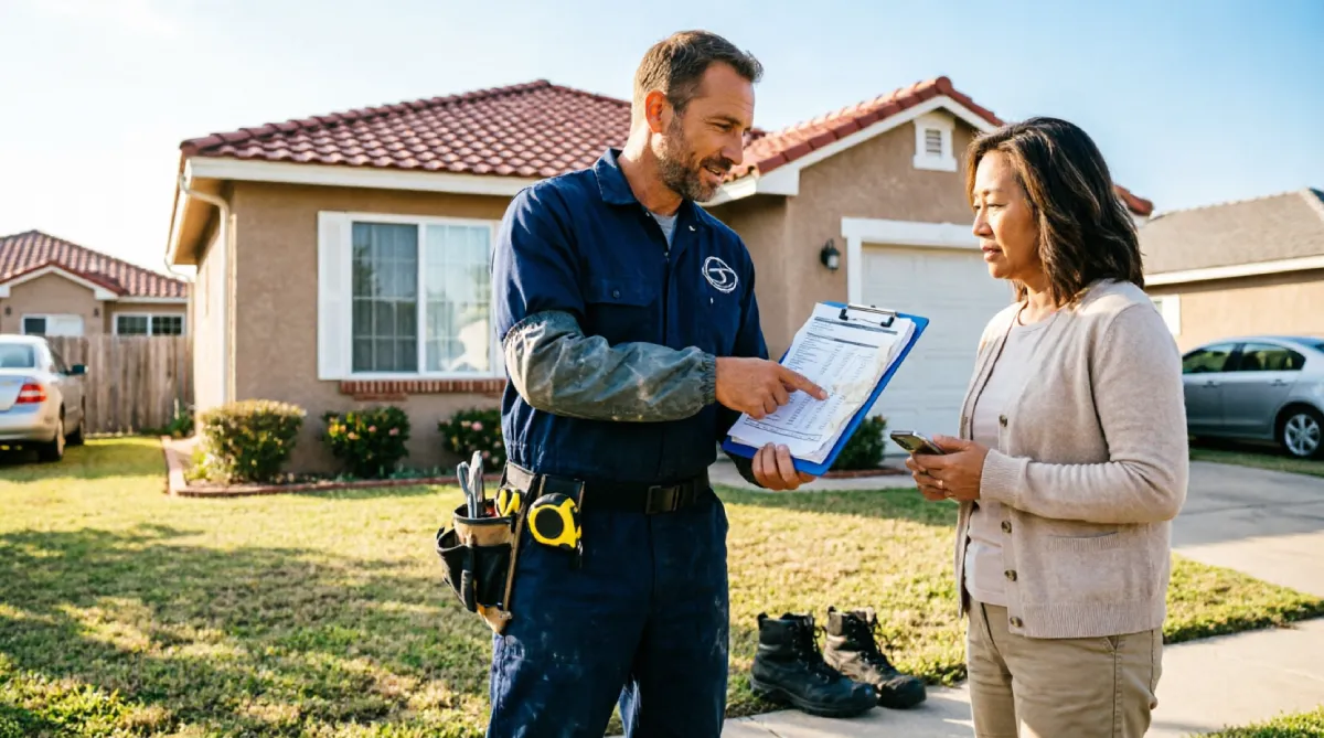 Professional roofing contractor in blue work uniform with tool belt reviewing storm damage inspection estimate and cost breakdown on clipboard with Texas homeowner in front of residential property with tile roof