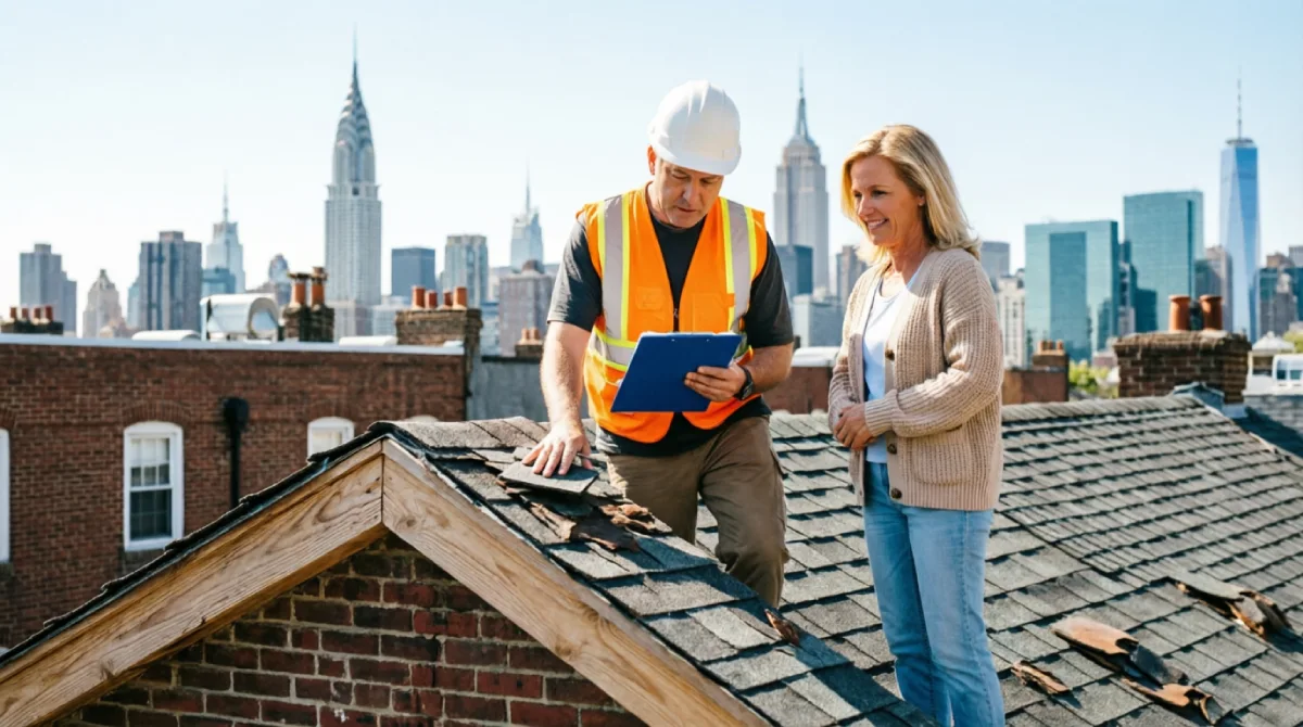 Professional roofing contractor in white hard hat and orange safety vest inspecting damaged shingles with clipboard while consulting blonde homeowner on residential rooftop, New York City skyline with Chrysler Building and Empire State Building background