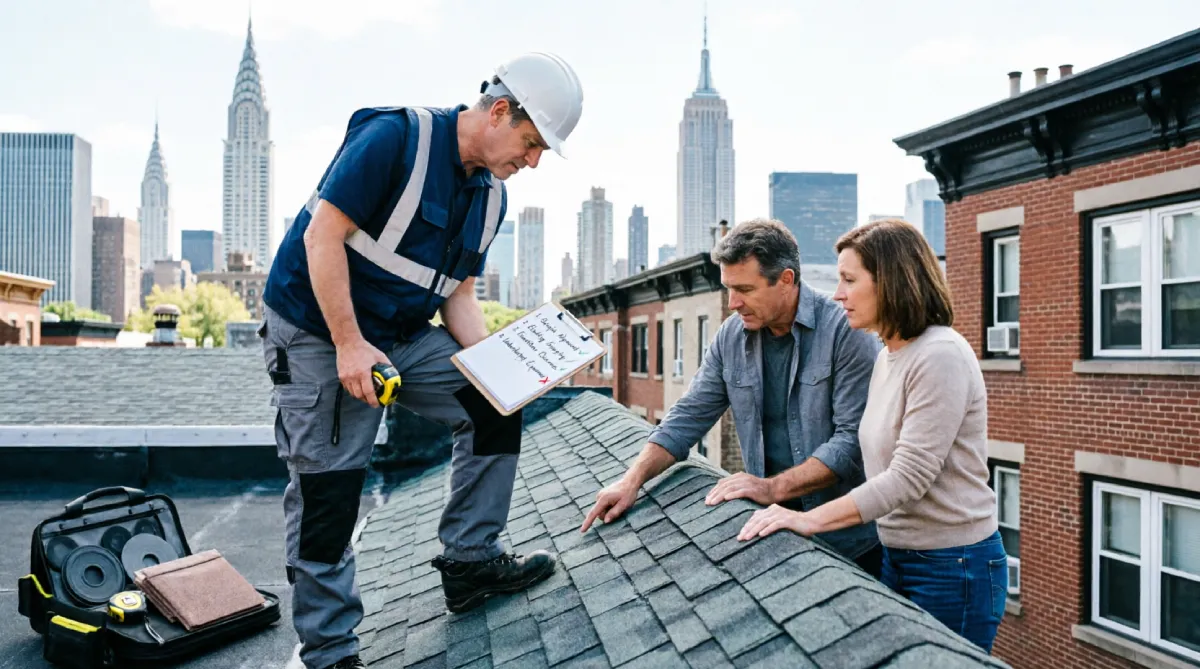 Professional roofing contractor in white hard hat and blue safety vest inspecting asphalt shingles with American homeowners on residential rooftop, reviewing checklist for long-term durability and maintenance factors, Manhattan skyline with Chrysler Building and Empire State Building background, New York City roof quality assessment consultation
