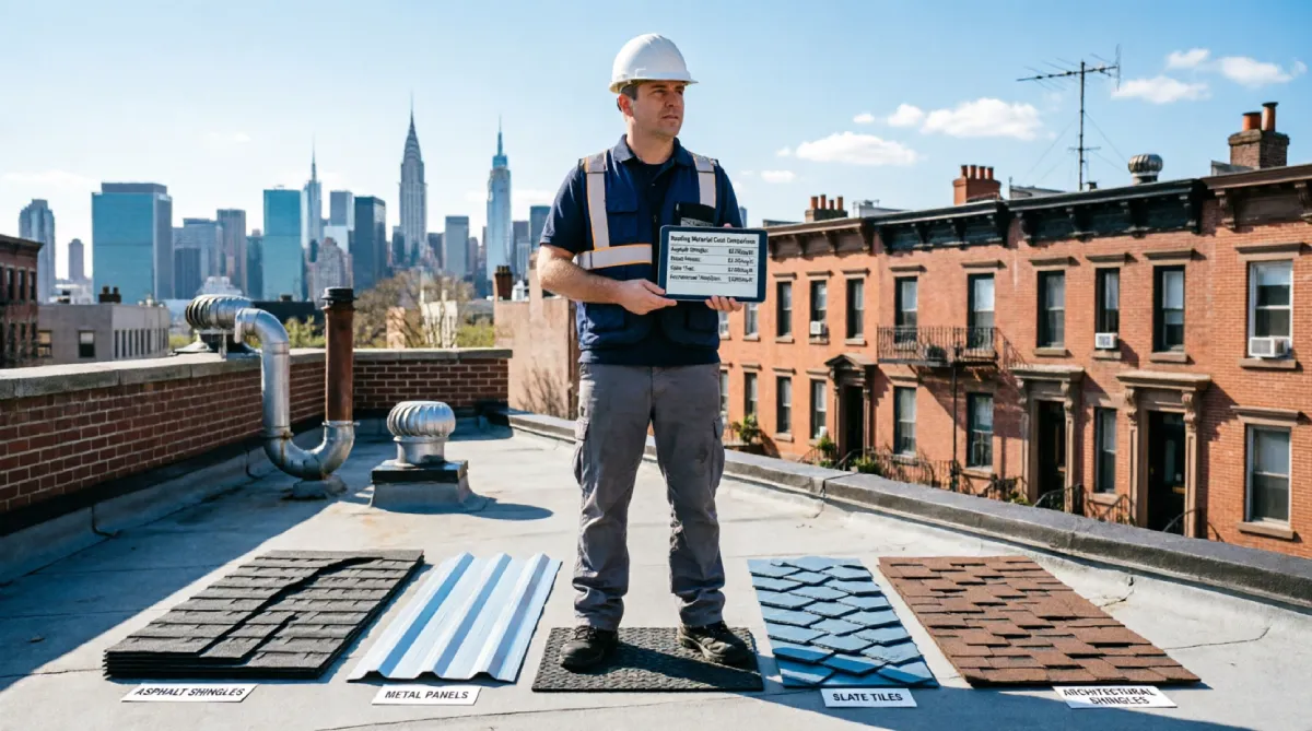 Professional roofing contractor in white hard hat and safety vest holding cost comparison chart standing on rooftop with asphalt shingles metal panels slate tiles and architectural shingles samples displayed, Manhattan skyline and Brooklyn brownstone buildings background New York City