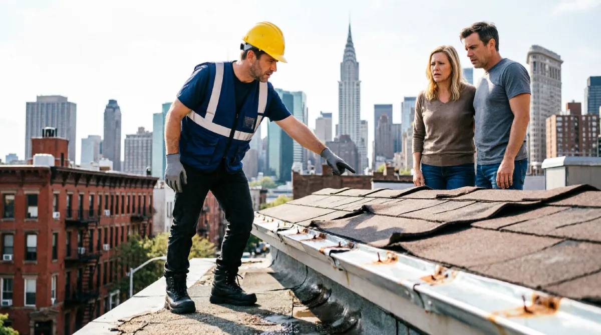 Professional roofing contractor in yellow hard hat and safety vest pointing out improper shingle installation and roofing mistakes to concerned homeowners on residential rooftop, visible misaligned shingles and rusted flashing damage, Manhattan skyline with Chrysler Building background, Brooklyn brick buildings, New York City roof inspection consultation