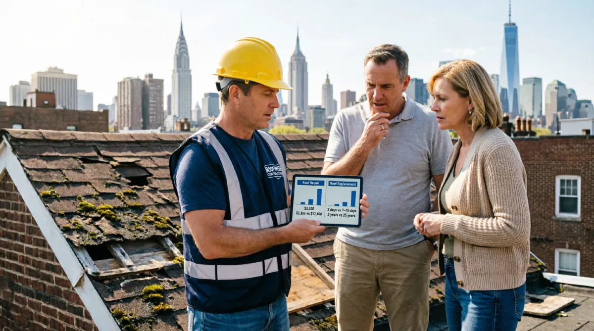 Roofing contractor in yellow hard hat and safety vest showing repair versus replacement cost comparison chart on tablet to homeowner couple on damaged residential rooftop with worn shingles and moss, Manhattan skyline with Chrysler Building and One World Trade Center background, New York City roof consultation