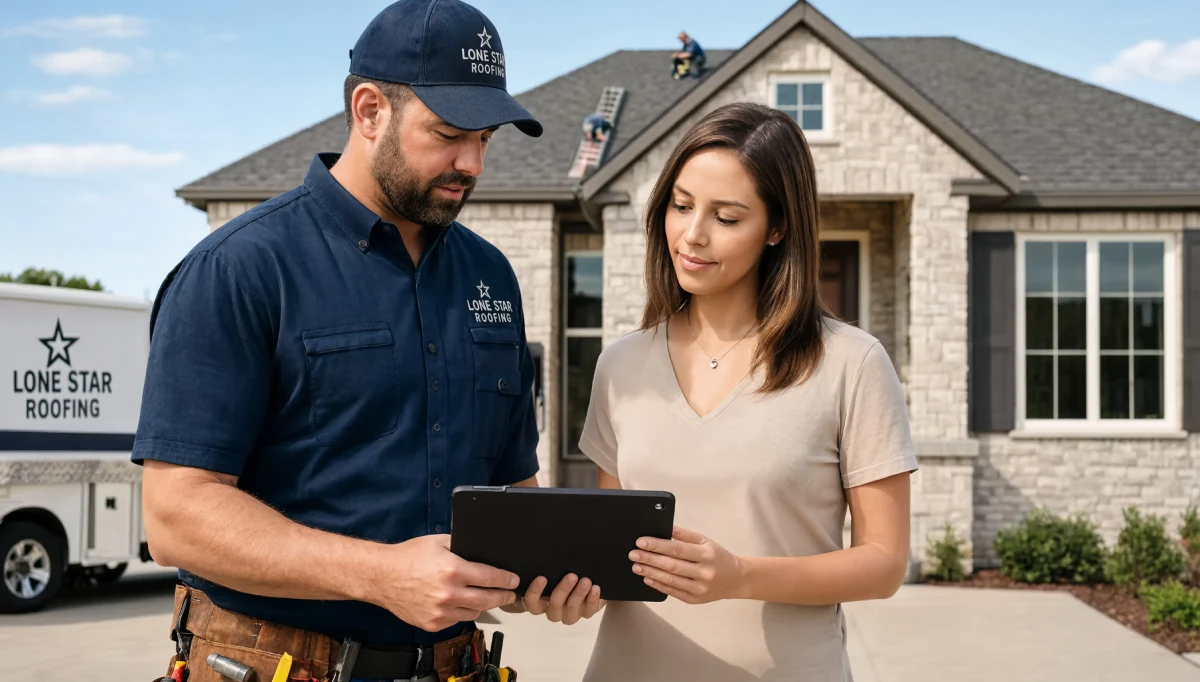 Roofing technician in branded blue uniform reviewing a digital estimate on a tablet with a homeowner in front of a house with a crew working on the roof.
