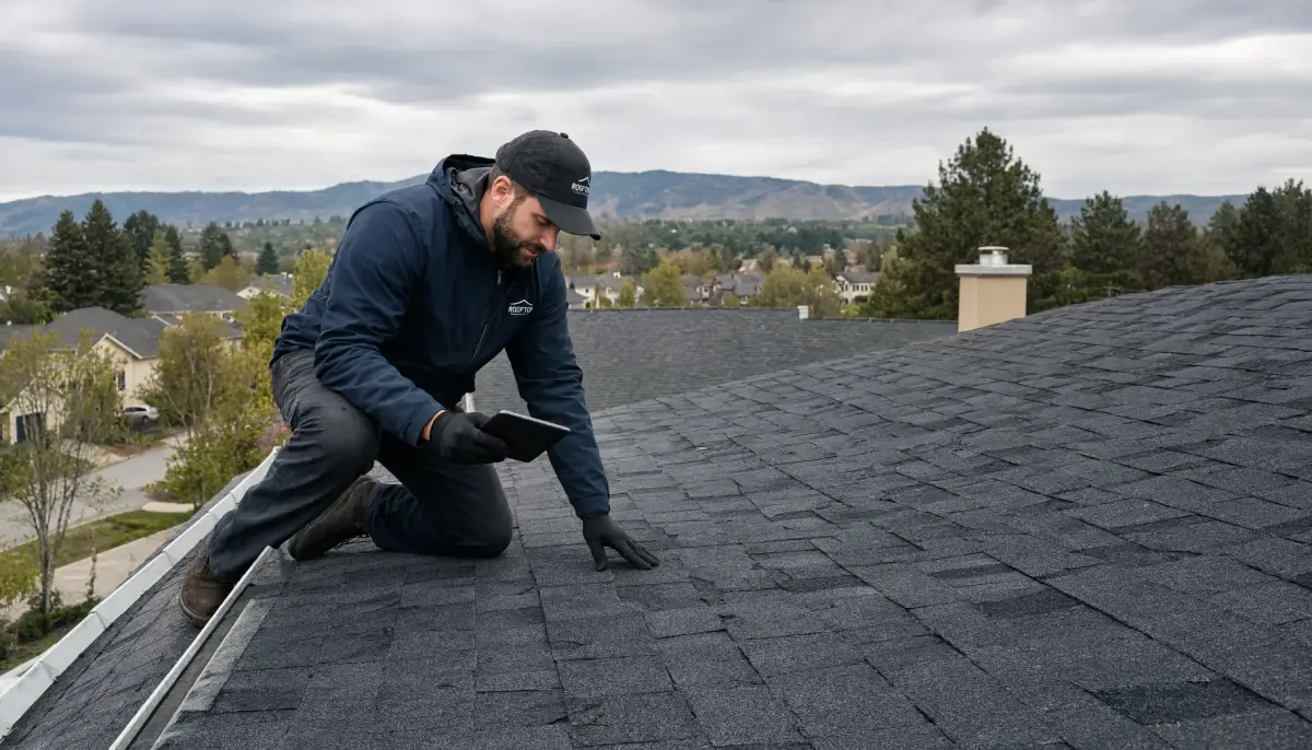 Roofing inspector kneeling on asphalt shingles examining surface for storm damage while logging data on a tablet