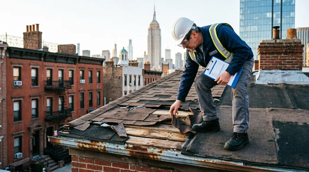 Professional roofing inspector in white hard hat and high visibility safety vest examining damaged asphalt shingles and exposed wood decking while holding clipboard with repair estimate, Empire State Building and Brooklyn brownstone buildings in background, New York City residential rooftop inspection